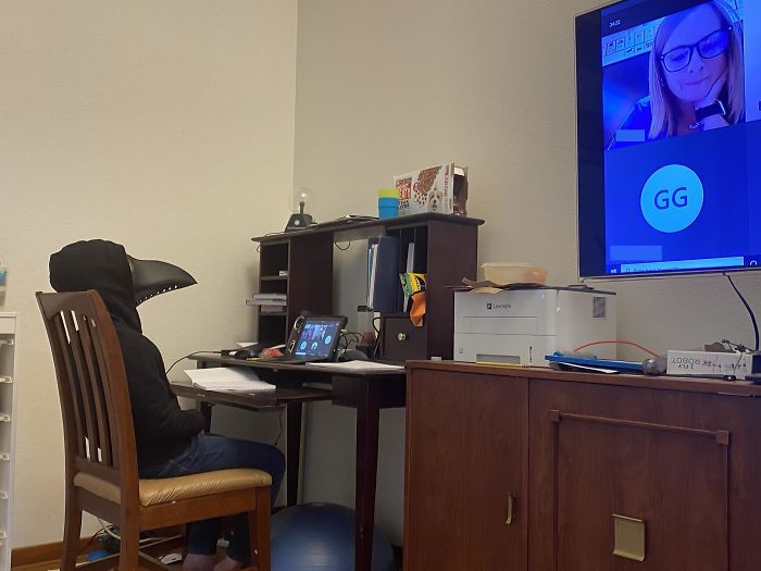This Is How Our 5th Grader Is Coping With Monday Today. If Wearing A Plague Doctor Mask While Remote Learning Doesn’t Sum Up 2020 Schooling, I Don’t Know What Does