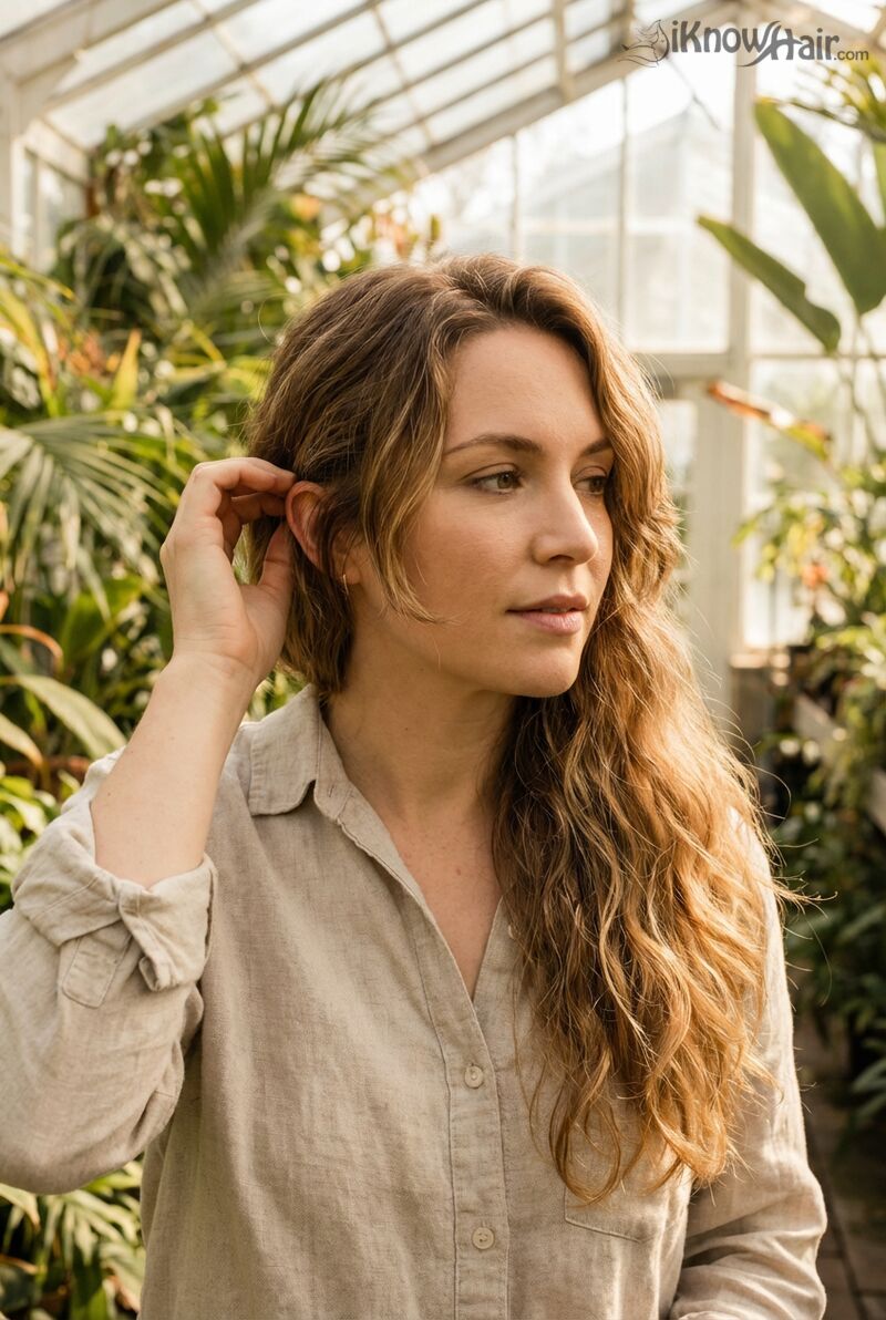 Asymmetrical haircut in garden surrounded by flowers