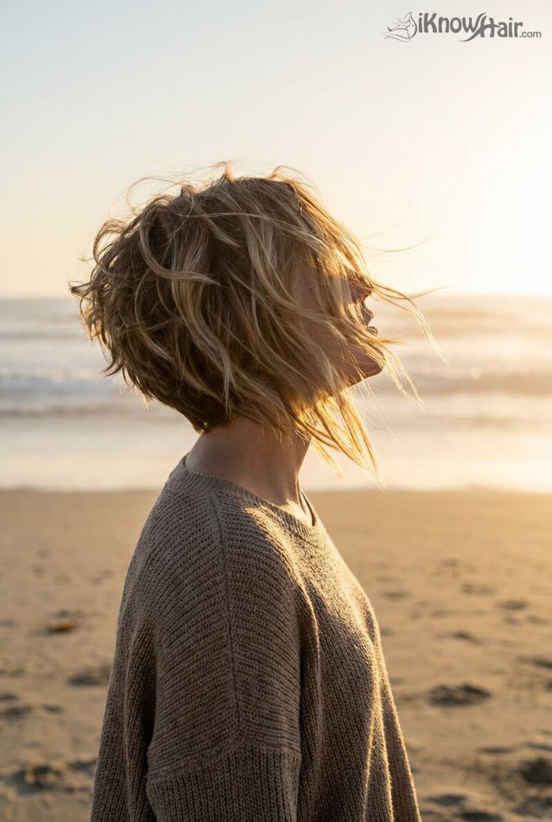 Asymmetrical long bob by window natural light