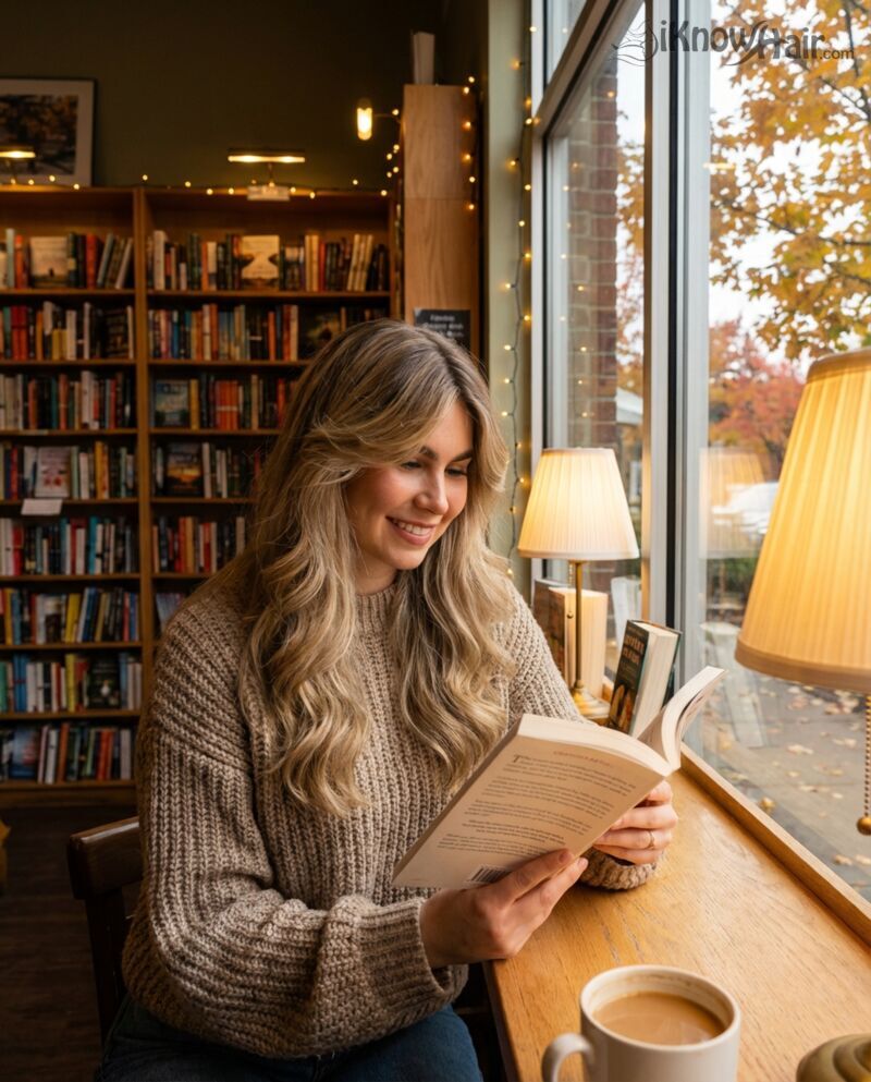 Voluminous blonde waves face framing bookstore cafe 2026