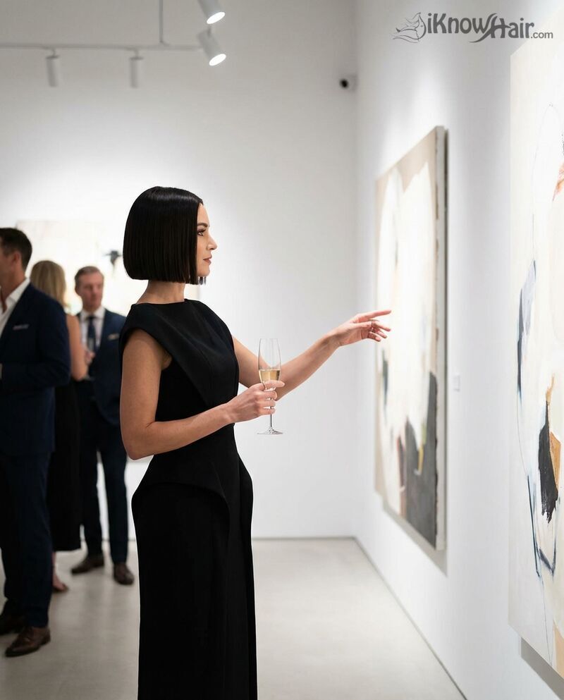 Blunt bob haircut woman art gallery elegant 2026