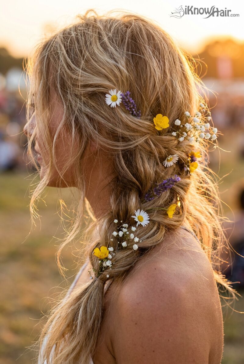 Bohemian waterfall braid with flowers at music festival 2026