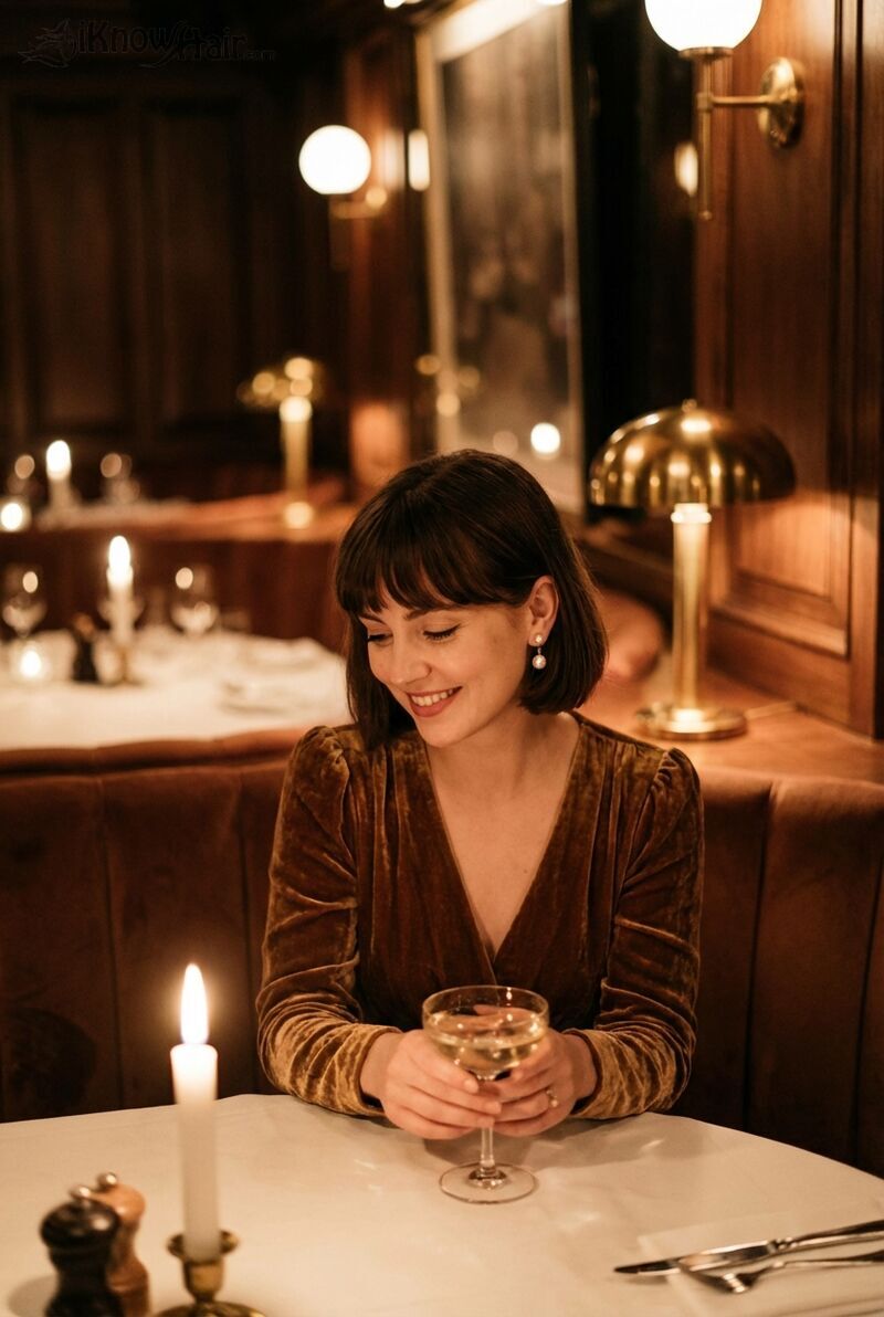 Bottleneck bangs shorter in center longer at sides