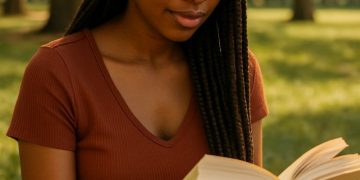 Beautiful black woman with long box braids reading in park