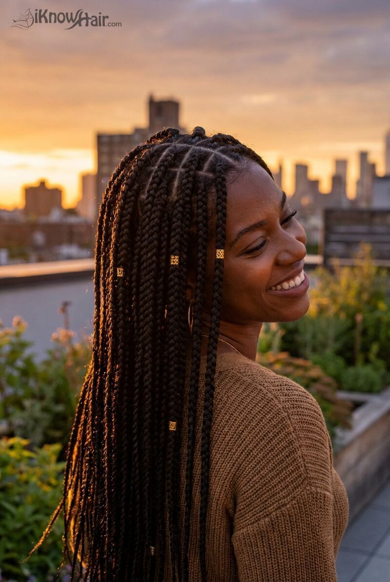 Beautiful black woman with long box braids reading in park