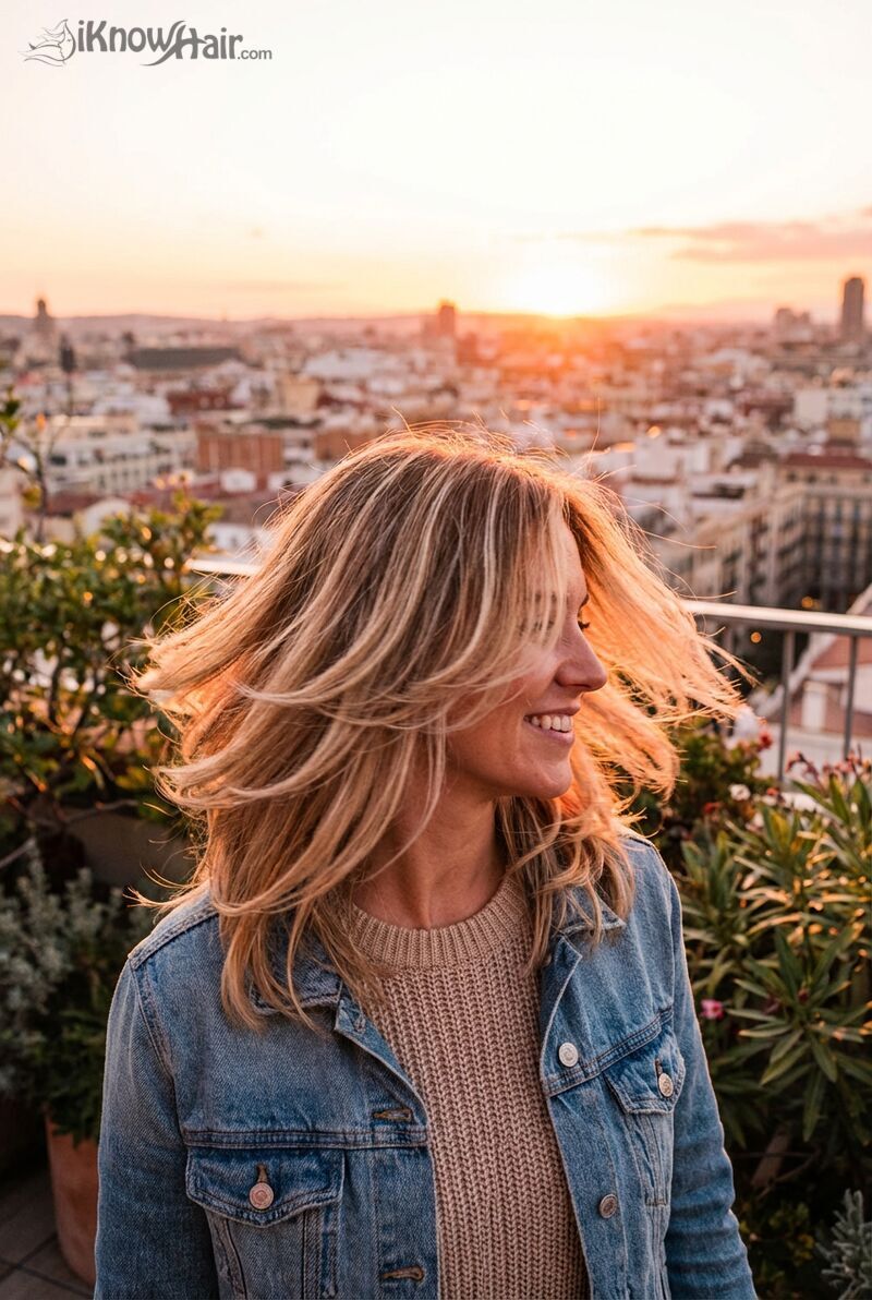 Butterfly cut blonde highlights hair movement rooftop wind 2026