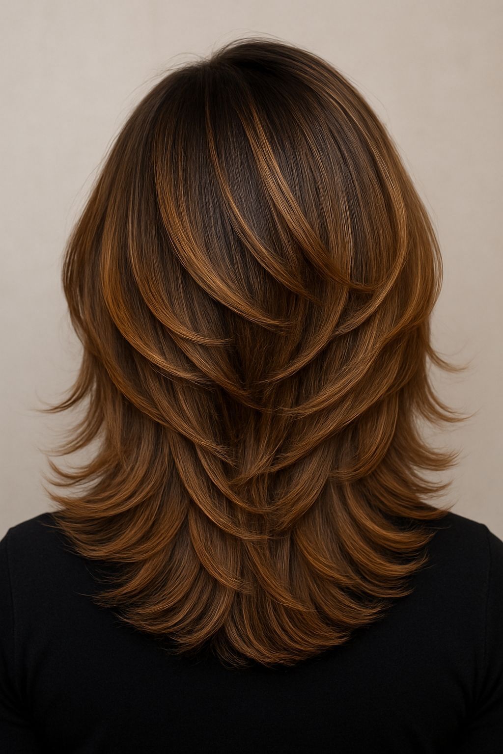 Butterfly cut caramel balayage showing layered structure 2026