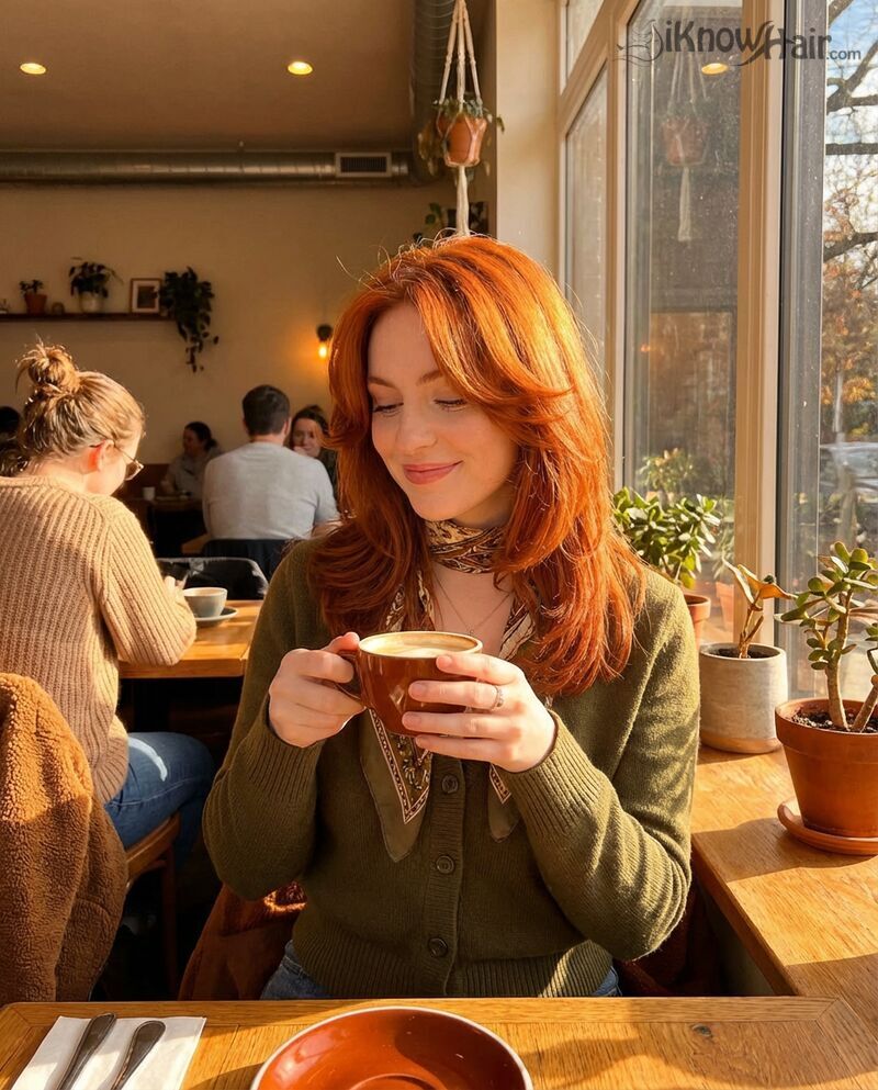 Butterfly cut copper red hair woman cafe golden hour 2026