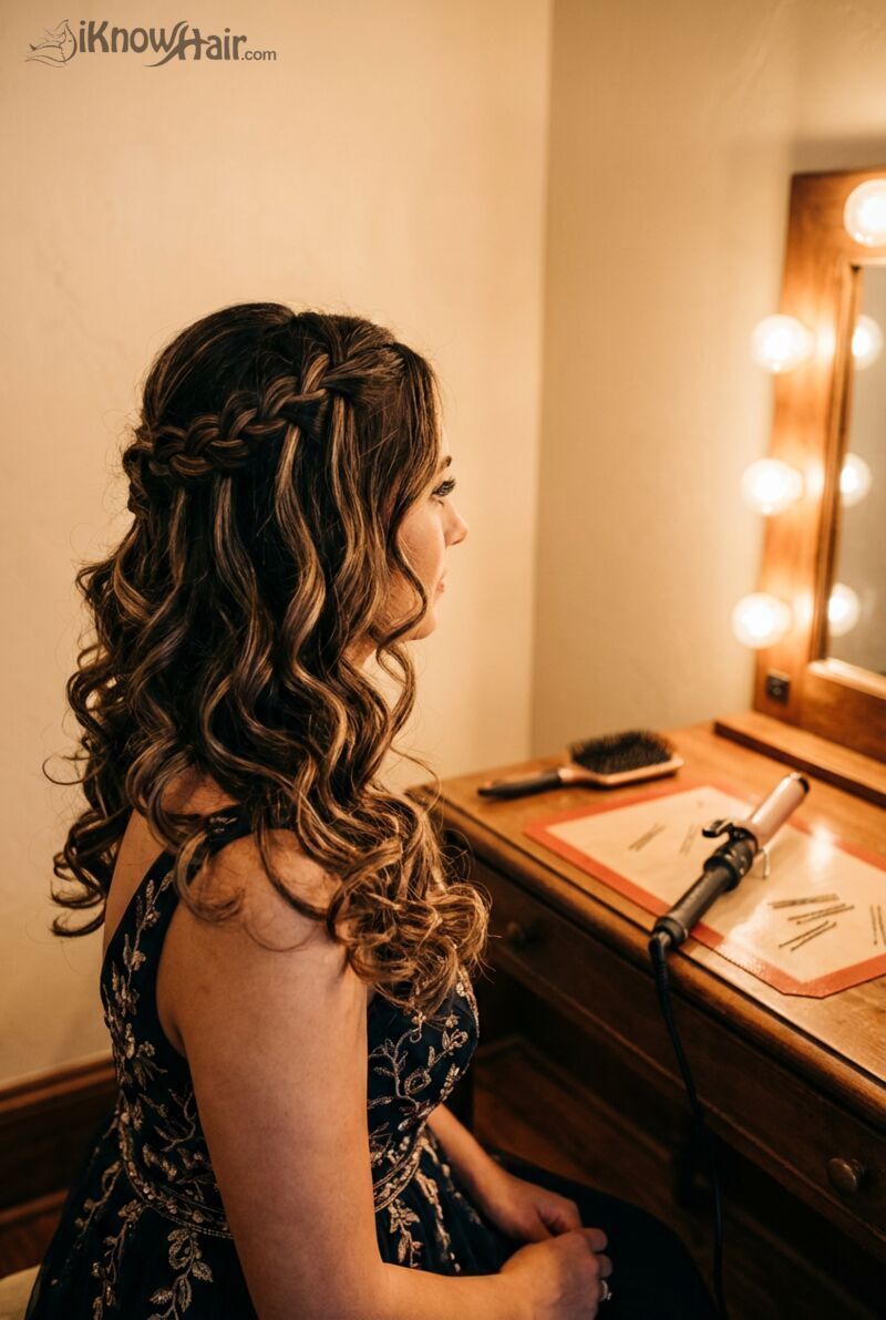 Cascade braid with soft curls at rooftop party 2026
