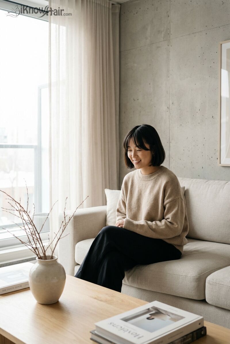 Asian woman short bob curtain bangs modern minimalist interior