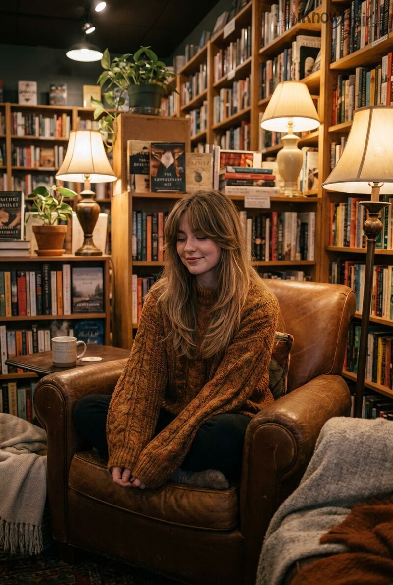 Young woman long curtain bangs cozy bookstore autumn sweater