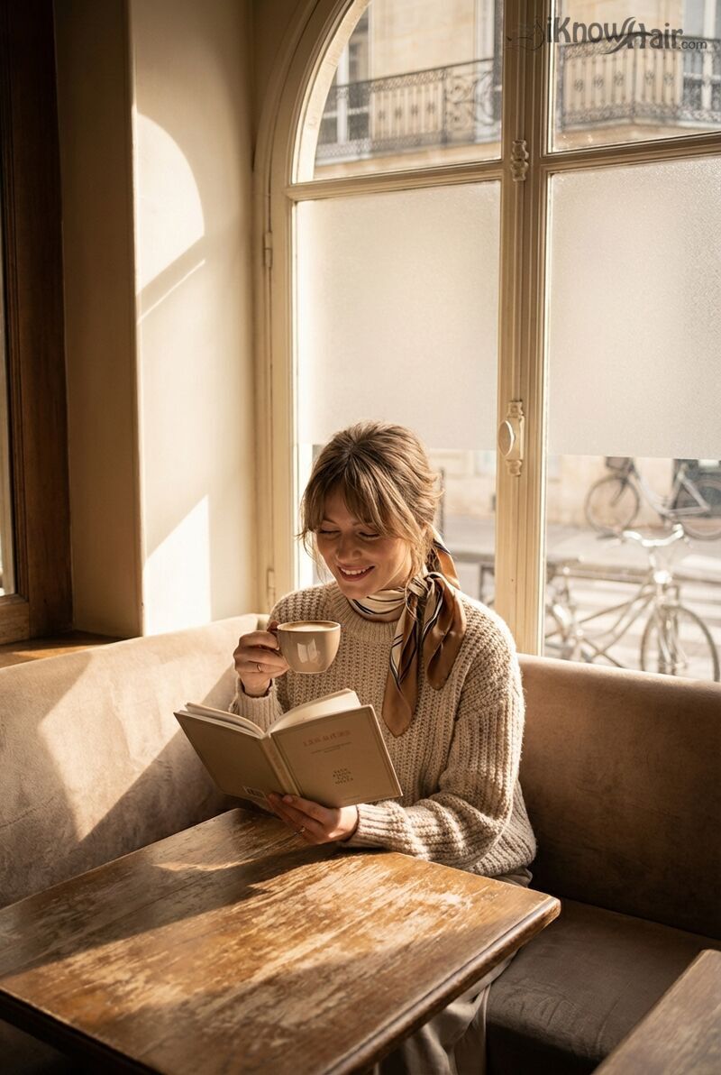 Elegant woman with wispy curtain bangs cozy cafe window light