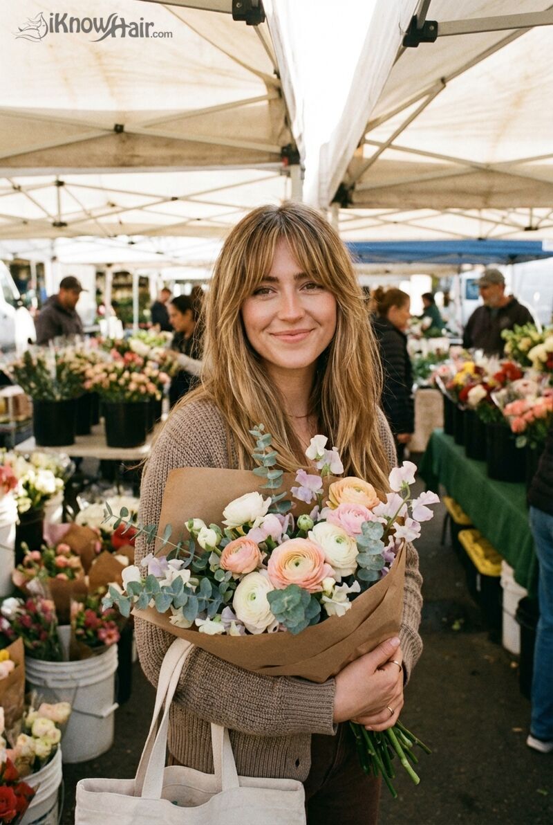 Curtain bangs face framing woman flower market 2026