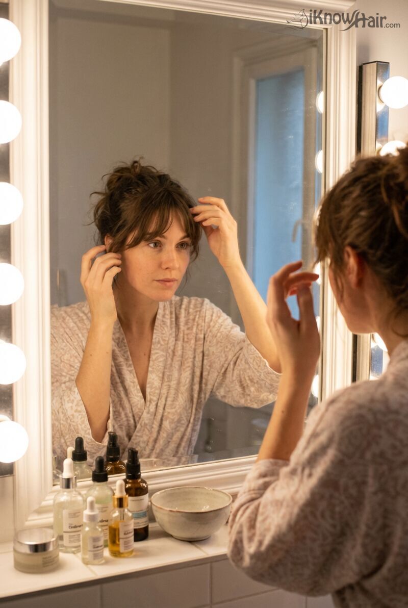 Woman styling curtain bangs bathroom mirror morning routine