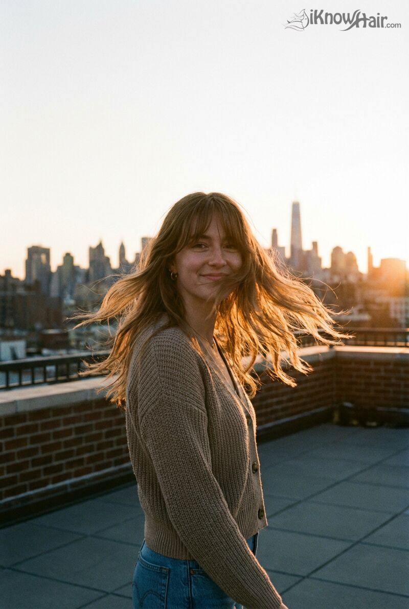 Woman with curtain bangs blowing in wind rooftop golden hour