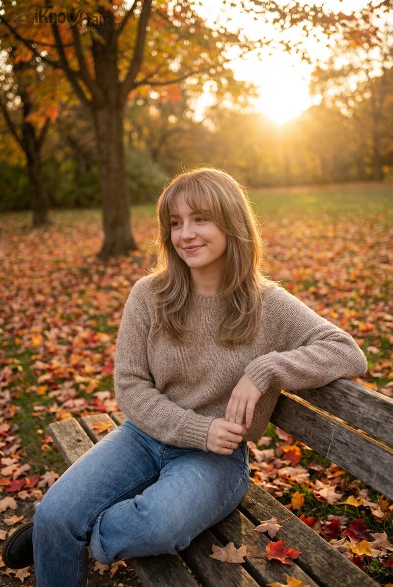 Soft curtain bangs framing face with flowing layers 2026