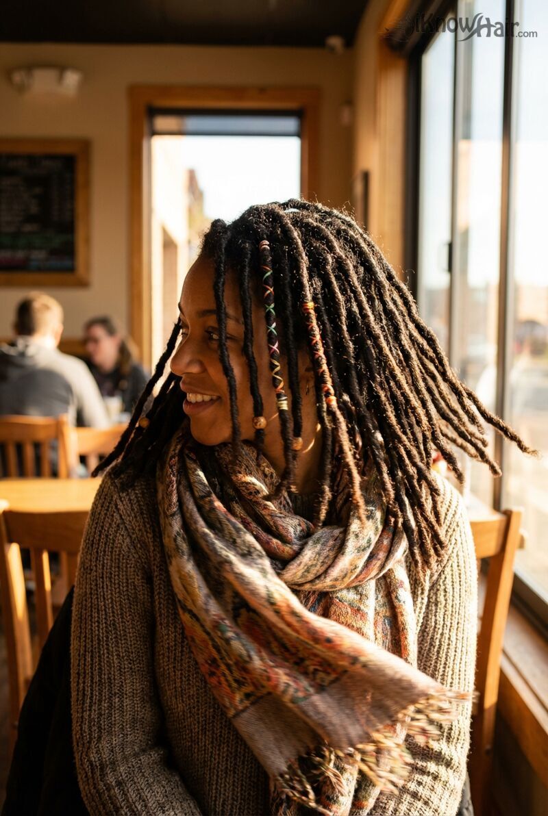 Fashionable black woman with faux locs urban street style