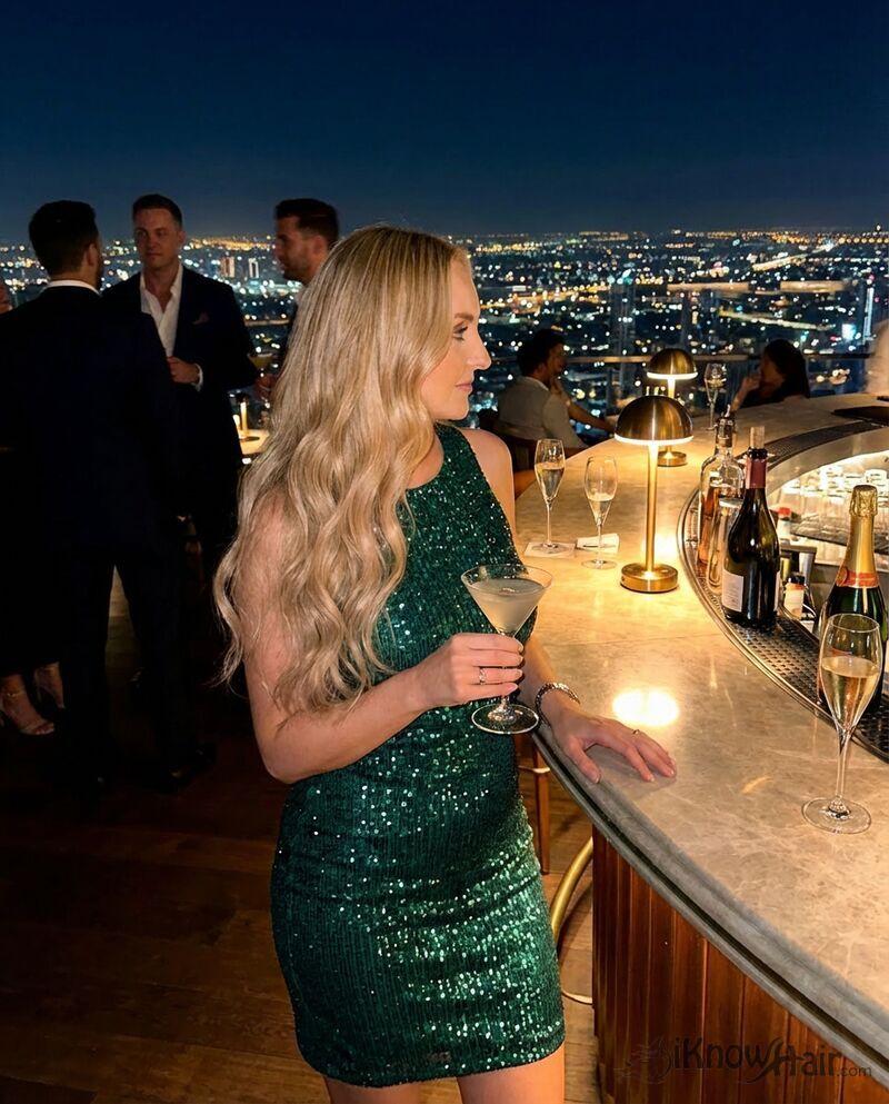 Glamorous long blonde waves rooftop bar evening 2026