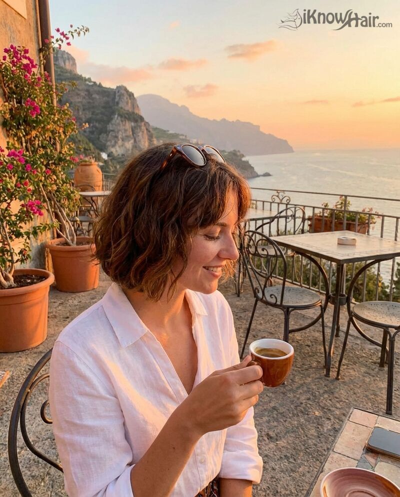 Italian bob chin length woman terrace cafe 2026