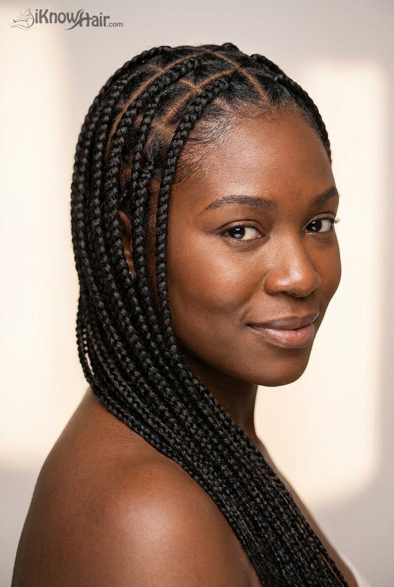 Stylish black woman with knotless braids at trendy cafe