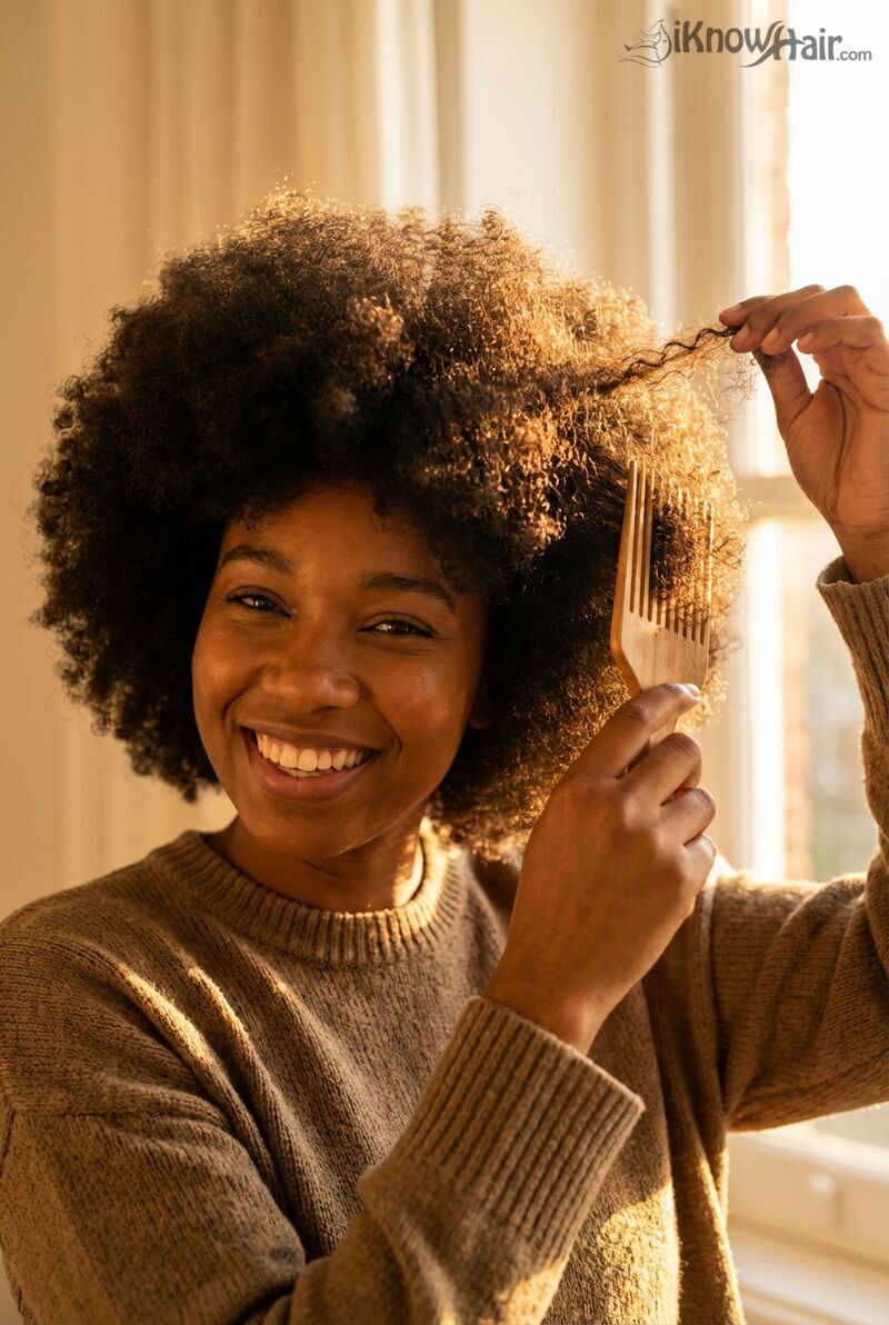 Confident black woman with natural afro at golden hour rooftop