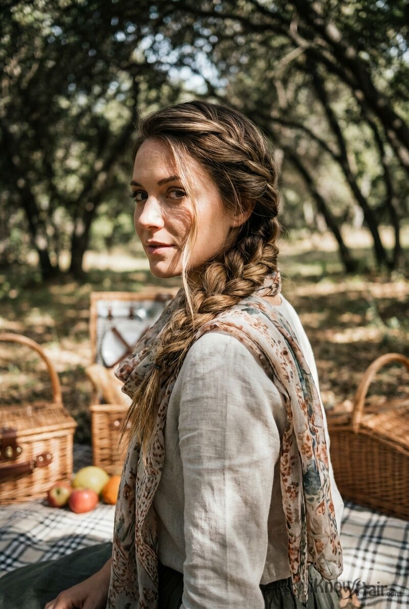 Side waterfall braid flowing over shoulder at park picnic 2026