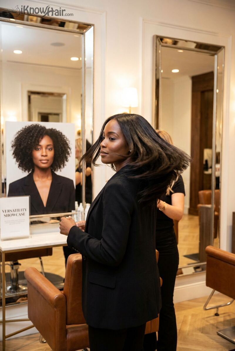 Elegant black woman with sleek silk press straight hair