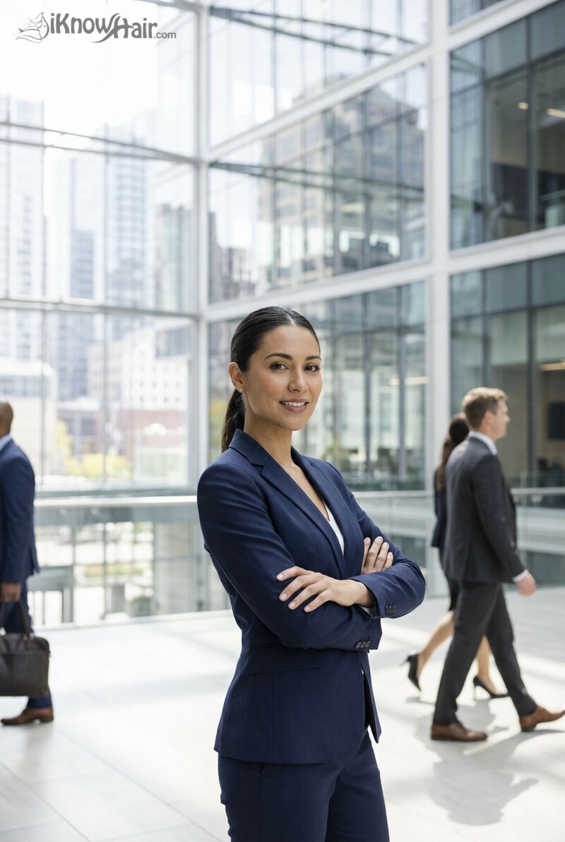 Sleek low ponytail elegant professional office 2026