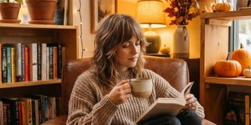 Soft shag haircut woman cozy bookstore lifestyle 2026