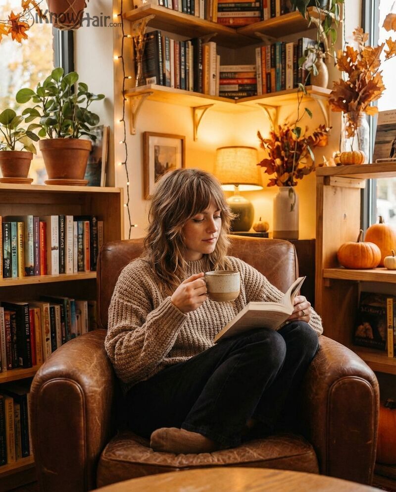 Soft shag haircut woman cozy bookstore lifestyle 2026