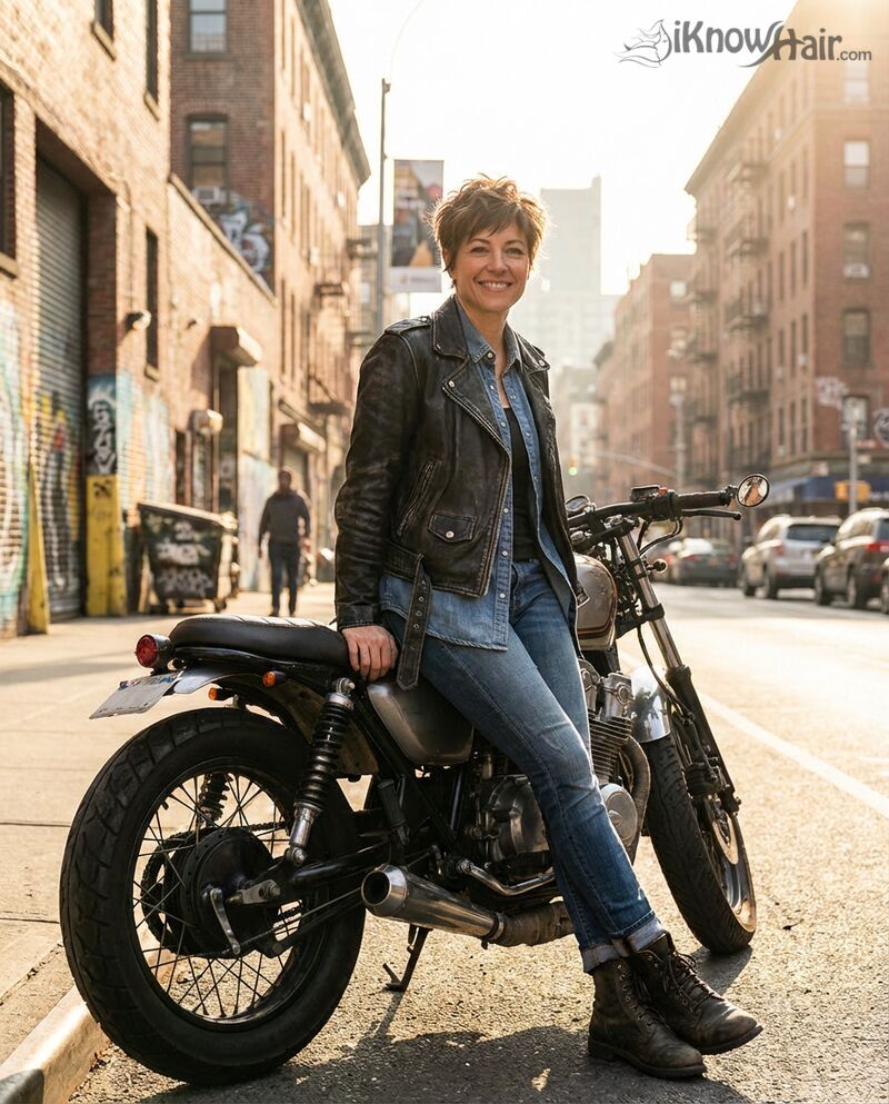 Textured pixie cut choppy layers motorcycle cafe 2026