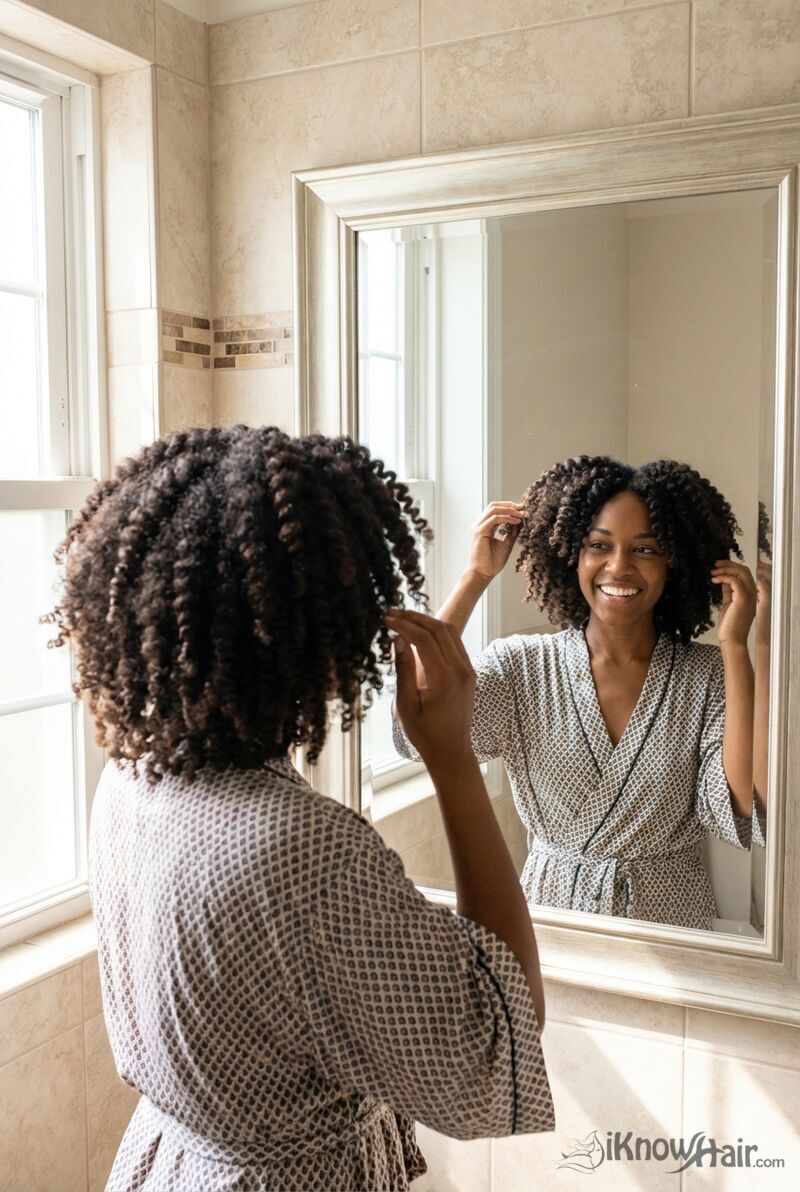 Black woman with twist out natural curls by window