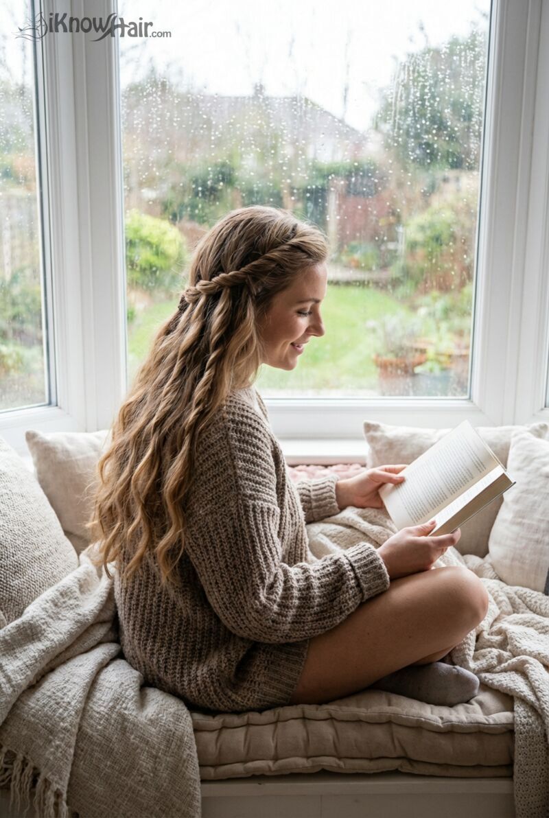 Twisted waterfall braid hairstyle at cozy cafe 2026