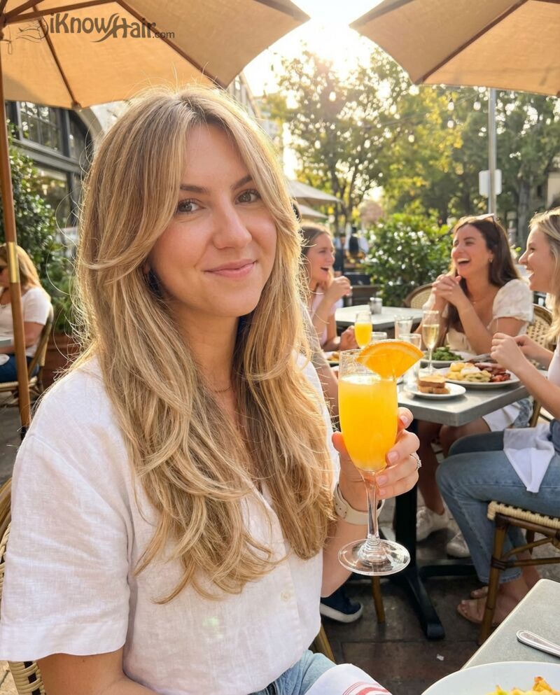 Voluminous long blonde layers brunch terrace 2026