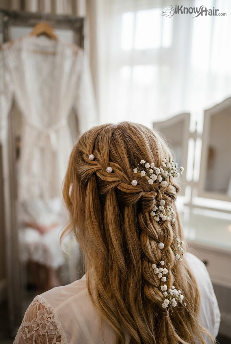 Waterfall braid decorated with flowers at outdoor brunch 2026