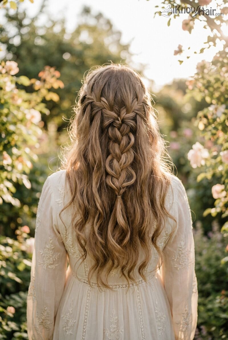 Woman with elegant waterfall braid hairstyle at garden wedding 2026