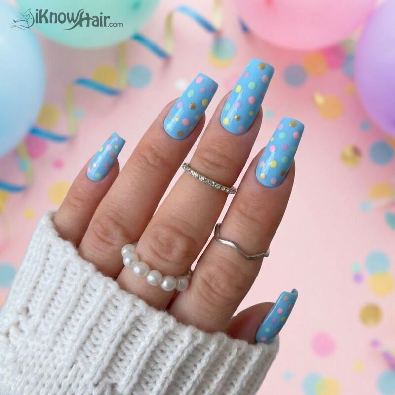 Blue Nails with Confetti Accents close-up manicure detail