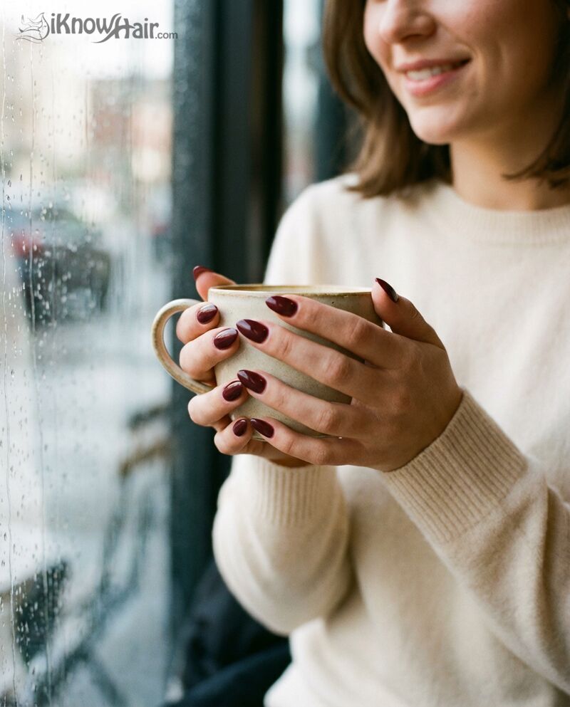 Deep Burgundy Almond Nails lifestyle shot for winter 2026