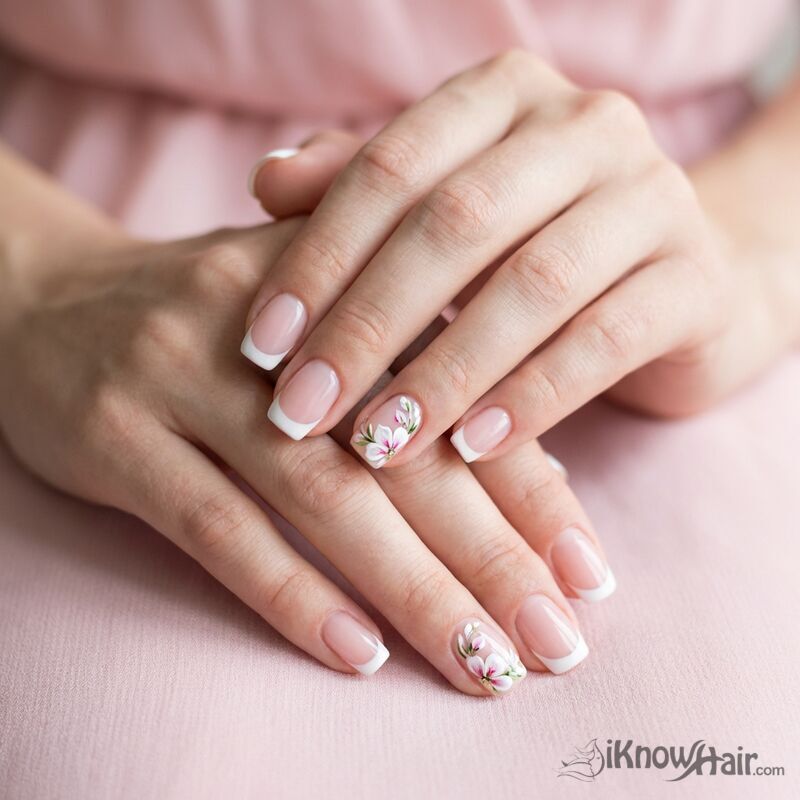 French Tips with Floral Accent close-up manicure detail