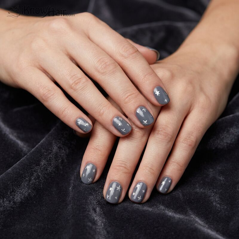 Grey Nails with Star Details close-up manicure detail
