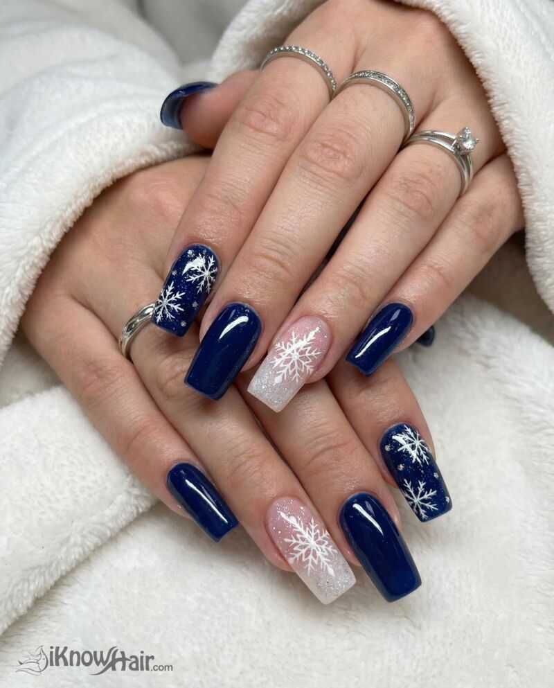Navy Nails with Snowflake Accent close-up manicure detail