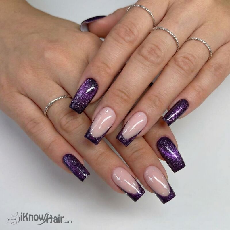 Purple and Nude Square Nails close-up manicure detail