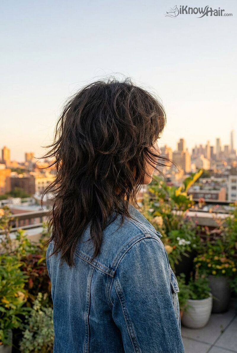 Wolf cut back view showing layered structure feathered ends