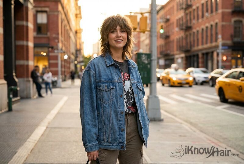 Woman with classic medium wolf cut choppy layers urban street style