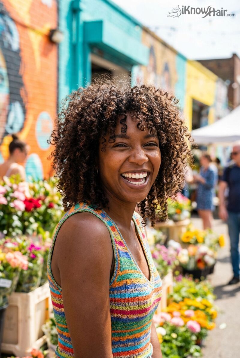 Black woman with curly wolf cut natural bouncy curls defined layers