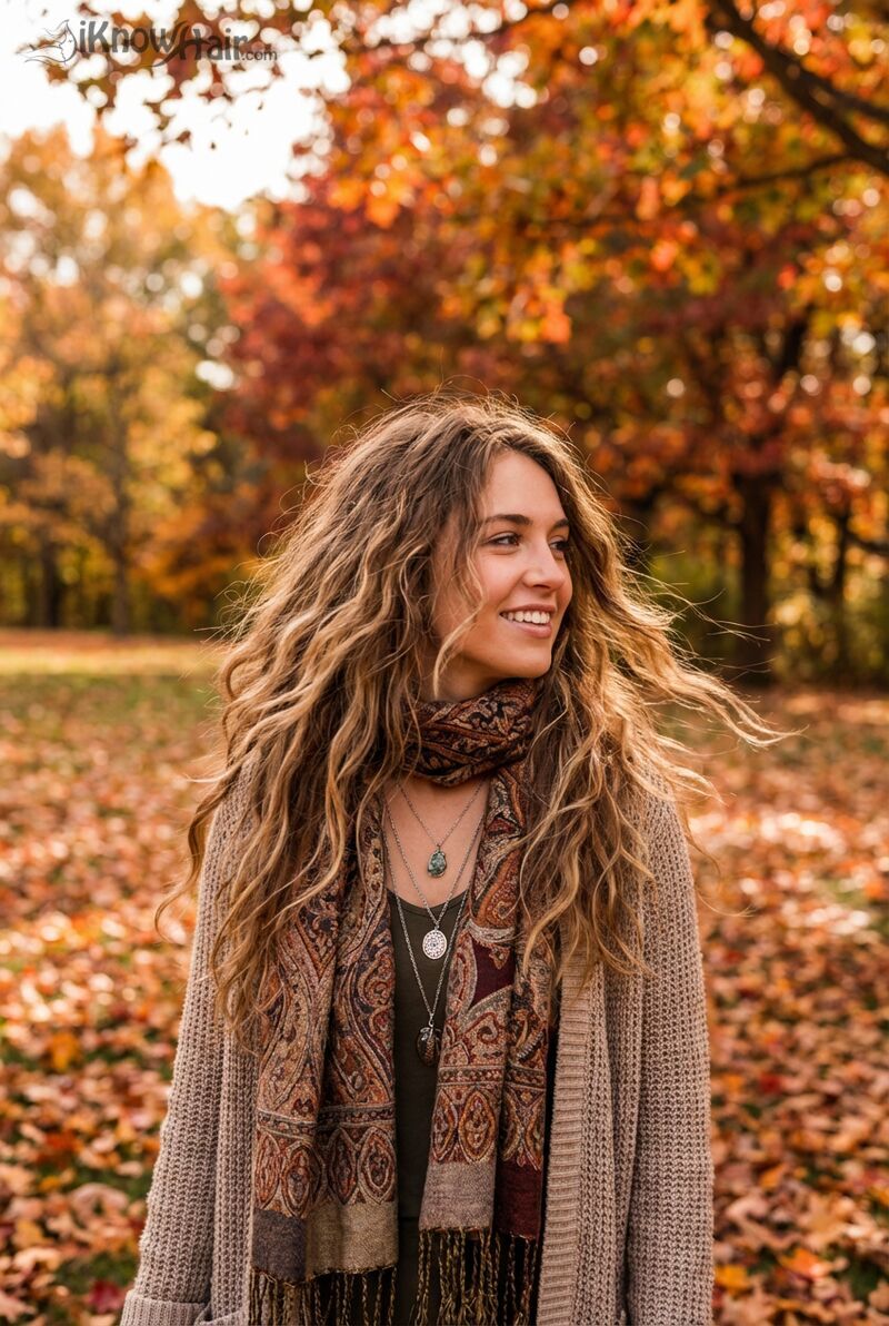 Young woman with long wavy wolf cut flowing layers autumn park
