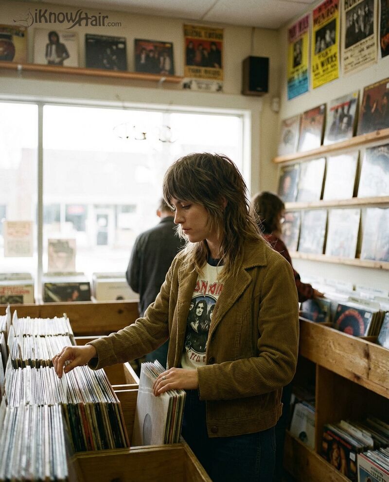 Wolf cut shaggy layers record store vintage 2026