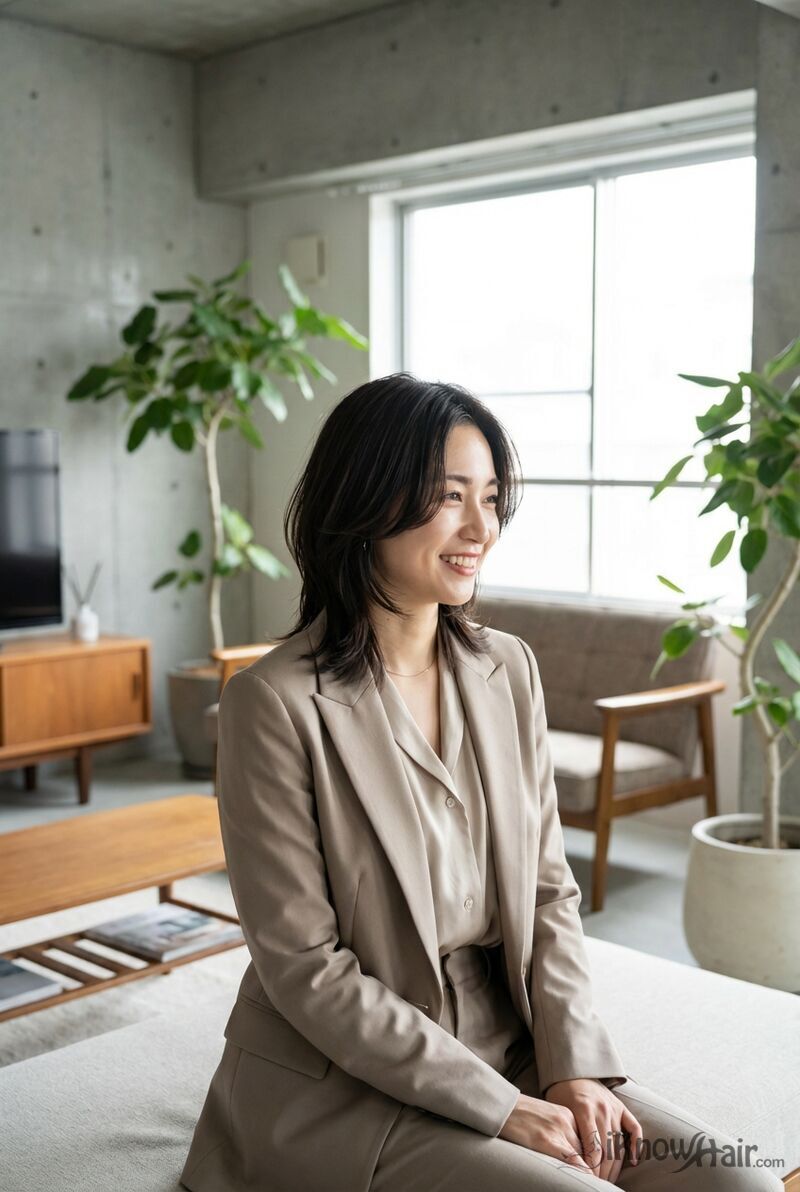Asian woman with wolf cut on straight hair sleek volumized layers