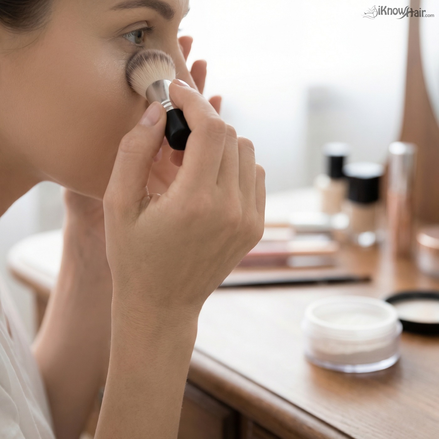 Woman setting concealer with powder