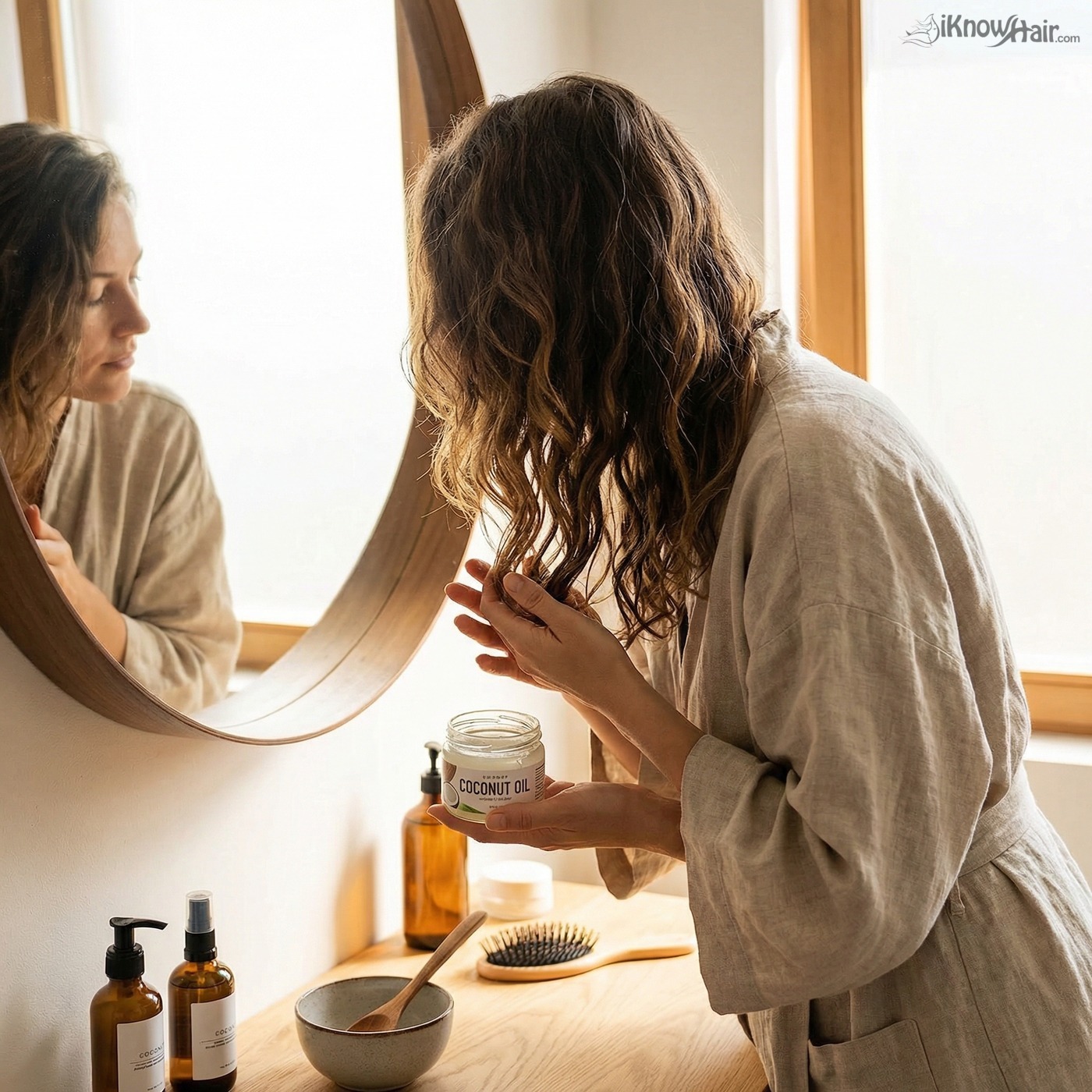 Woman applying coconut oil to hair